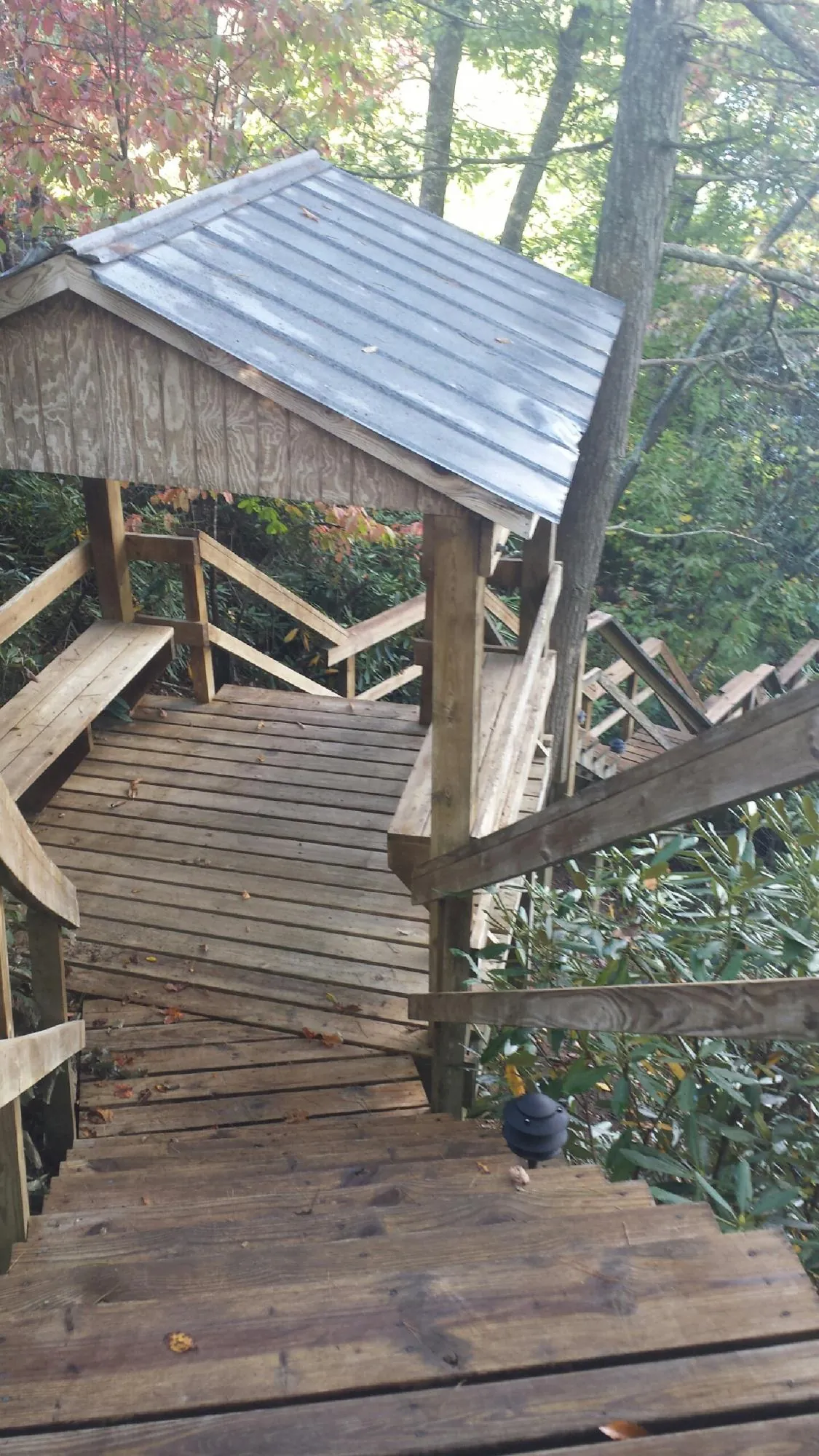 Metal roofed shelter over wooden steps on a wooded walkway — Skylight Repair & Installation work by our crew in Hornbeak
